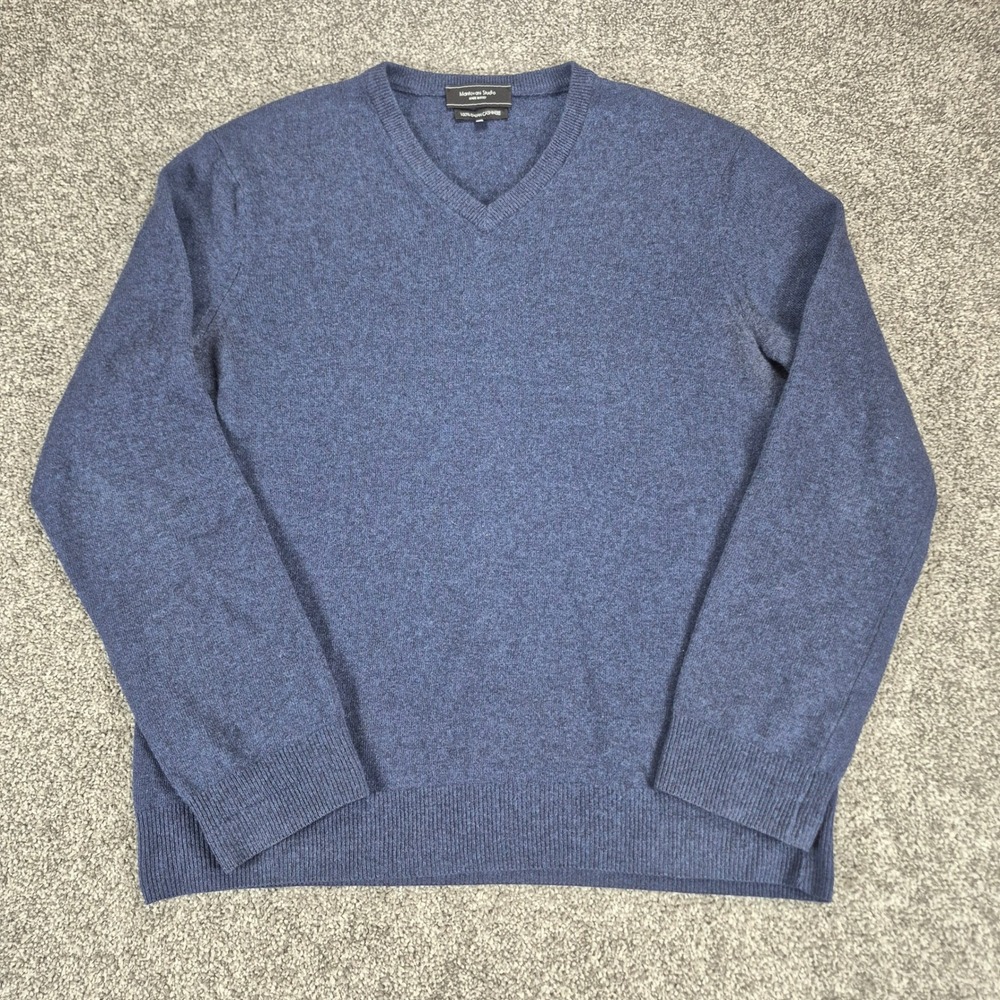 Maudesway Studio 100% Cashmere Sweater Mens‎ XL Blue V-Neck Knit Pullover
